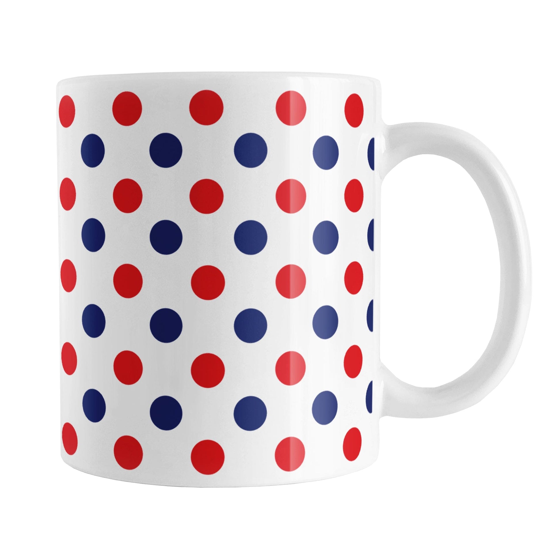 Patriotic Polka Dot Mug (11oz) at Amy's Coffee Mugs. A ceramic coffee mug featuring a pattern of polka dots across the mug up to the handle, in alternating colors of red and blue over white to celebrate the 4th of July (Independence Day) holiday.