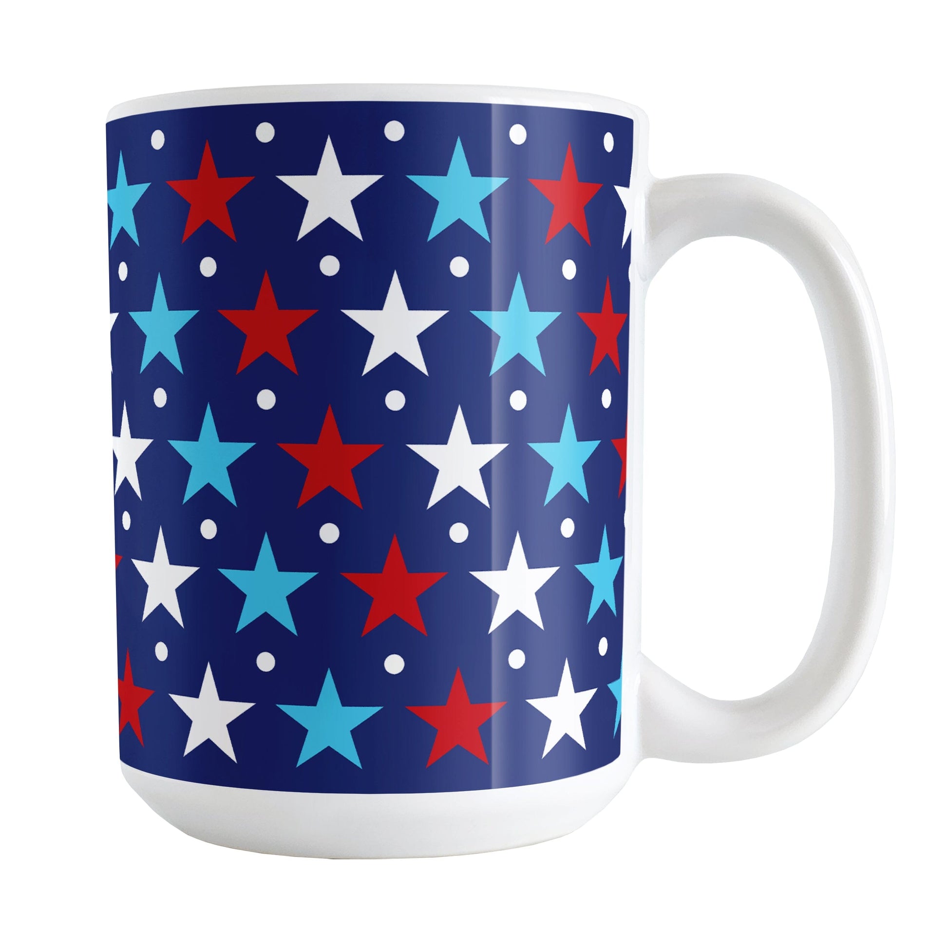 Patriotic Red White Blue Stars Mug (15oz) at Amy's Coffee Mugs. A ceramic coffee mug designed with red, white, and blue stars and white dots over a navy blue background that wraps around the mug up to the handle. It's been design for 4th of July (Independence Day) celebrations and everyday use.