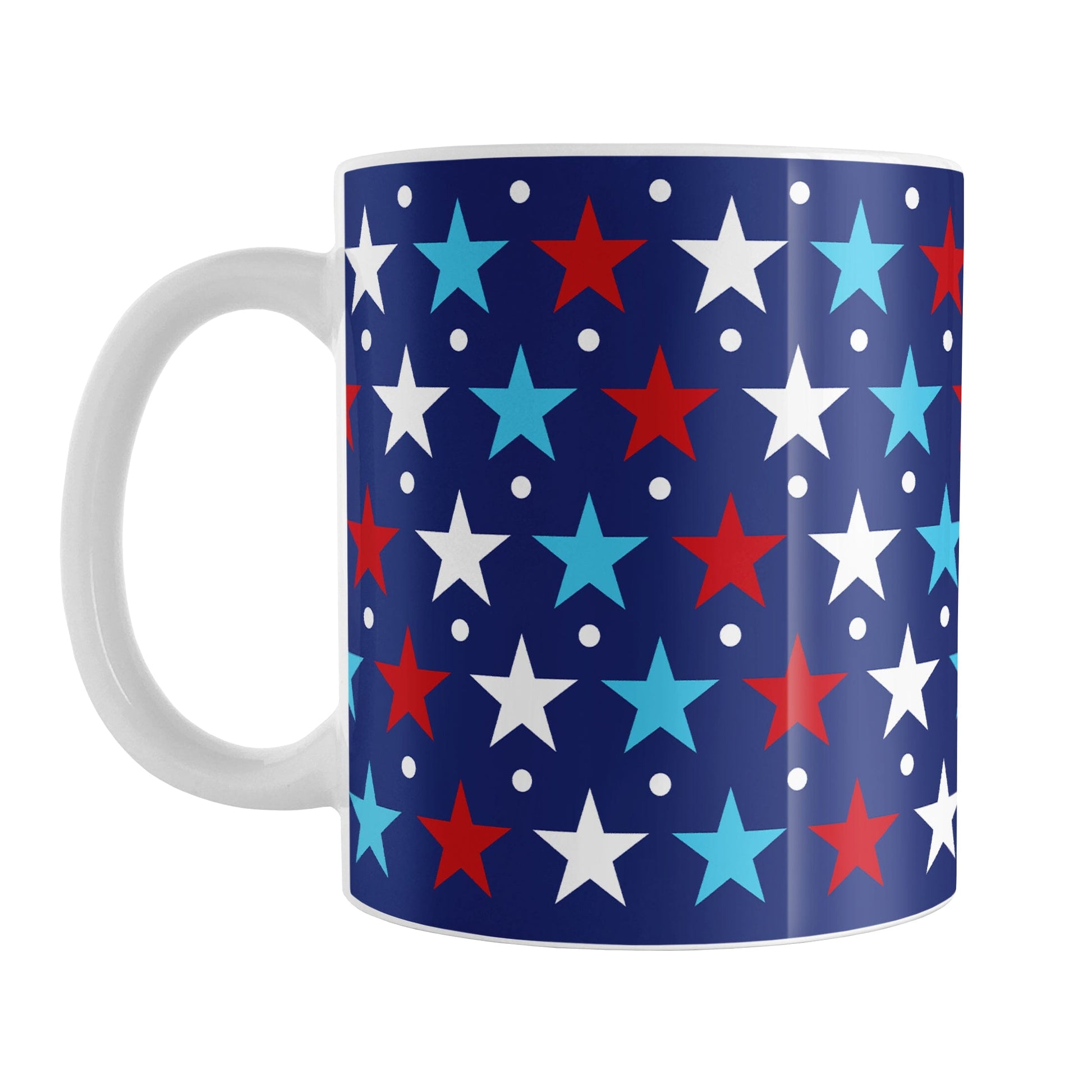 Patriotic Red White Blue Stars Mug (11oz) at Amy's Coffee Mugs. A ceramic coffee mug designed with red, white, and blue stars and white dots over a navy blue background that wraps around the mug up to the handle. It's been design for 4th of July (Independence Day) celebrations and everyday use.