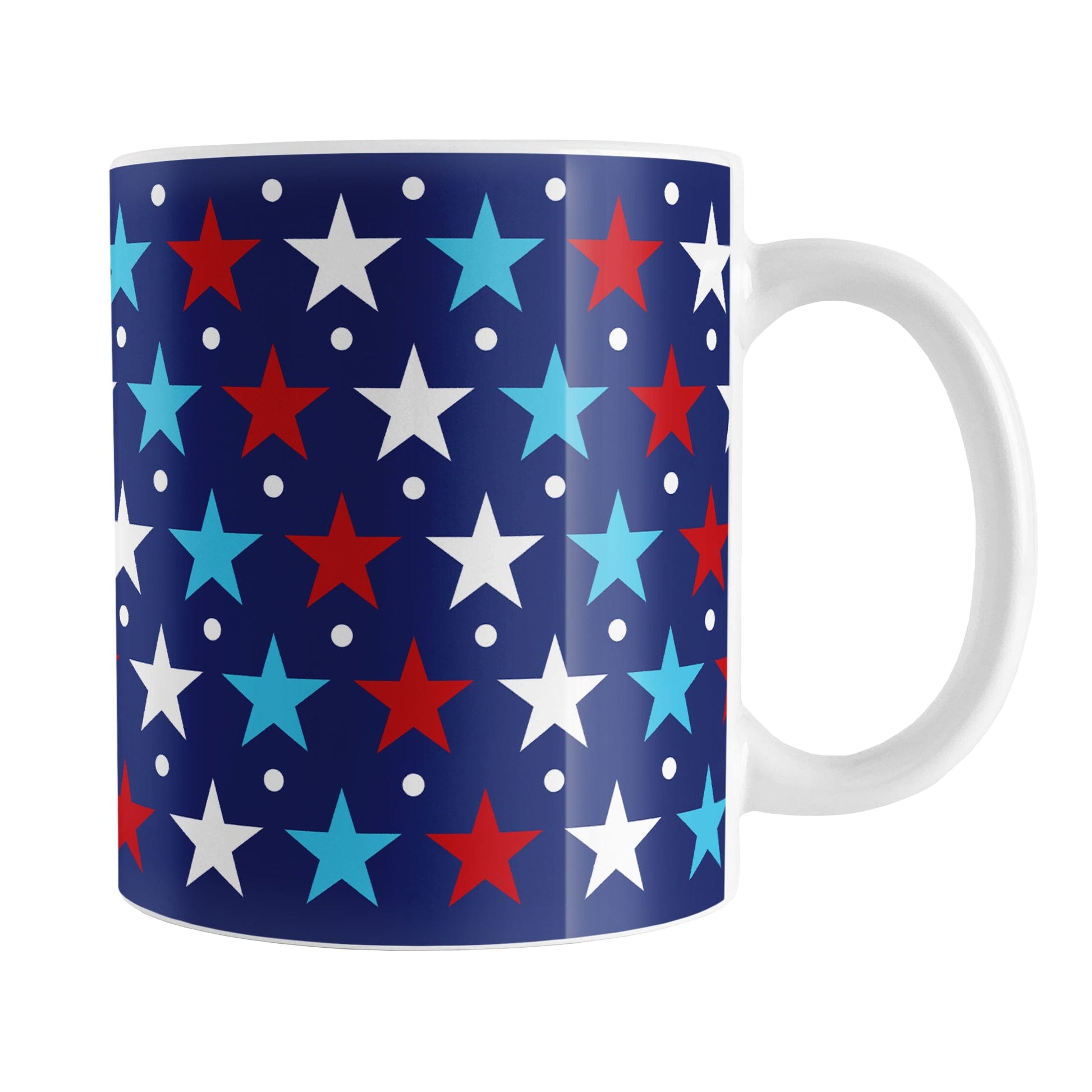 Patriotic Red White Blue Stars Mug (11oz) at Amy's Coffee Mugs. A ceramic coffee mug designed with red, white, and blue stars and white dots over a navy blue background that wraps around the mug up to the handle. It's been design for 4th of July (Independence Day) celebrations and everyday use.
