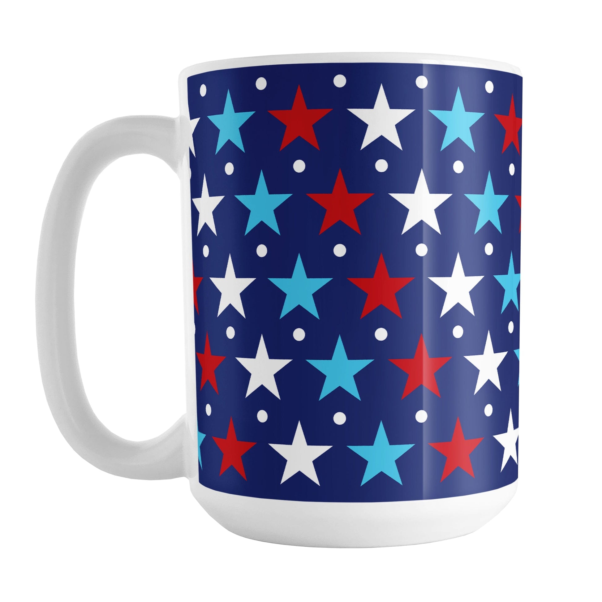 Patriotic Red White Blue Stars Mug (15oz) at Amy's Coffee Mugs. A ceramic coffee mug designed with red, white, and blue stars and white dots over a navy blue background that wraps around the mug up to the handle. It's been design for 4th of July (Independence Day) celebrations and everyday use.