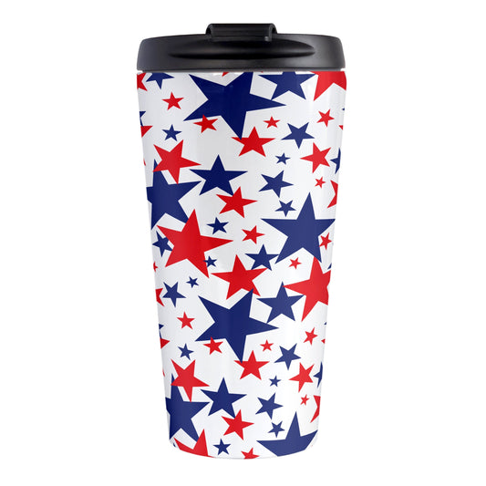 Patriotic Stars Travel Mug (15oz) at Amy's Coffee Mugs. A stainless steel travel mug for the 4th for July (Independence Day) designed with red and blue stars, in varying sizes, over a white background in a pattern that wraps around the mug.