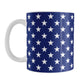 Patriotic White Stars on Blue Mug (11oz) at Amy's Coffee Mugs. A ceramic coffee mug with white stars in a pattern over a blue background that wraps around the mug up to the handle. It's been design for 4th of July (Independence Day) celebrations and everyday use.