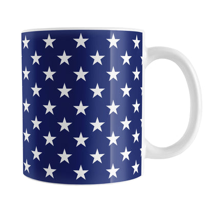Patriotic White Stars on Blue Mug (11oz) at Amy's Coffee Mugs. A ceramic coffee mug with white stars in a pattern over a blue background that wraps around the mug up to the handle. It's been design for 4th of July (Independence Day) celebrations and everyday use.