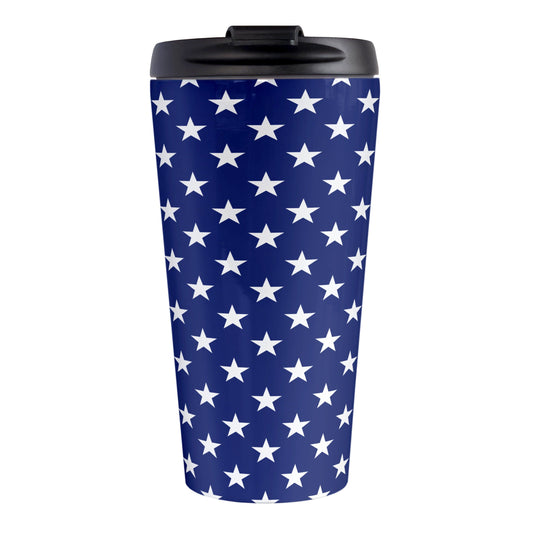 Patriotic White Stars on Blue Travel Mug (15oz) at Amy's Coffee Mugs. A stainless steel travel mug with white stars in a pattern over a blue background that wraps around the travel mug. It's been design for 4th of July (Independence Day) celebrations and everyday use.