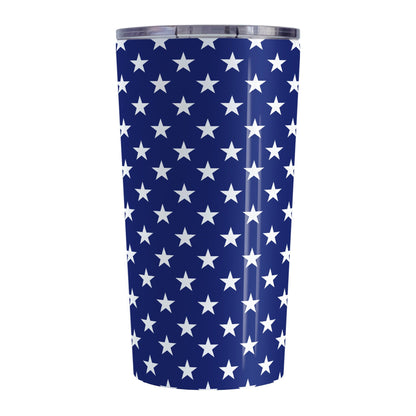 Patriotic White Stars on Blue Tumbler Cup (20oz) at Amy's Coffee Mugs. A stainless steel tumbler cup with white stars in a pattern over a blue background that wraps around the cup. It's been design for 4th of July (Independence Day) celebrations and everyday use.