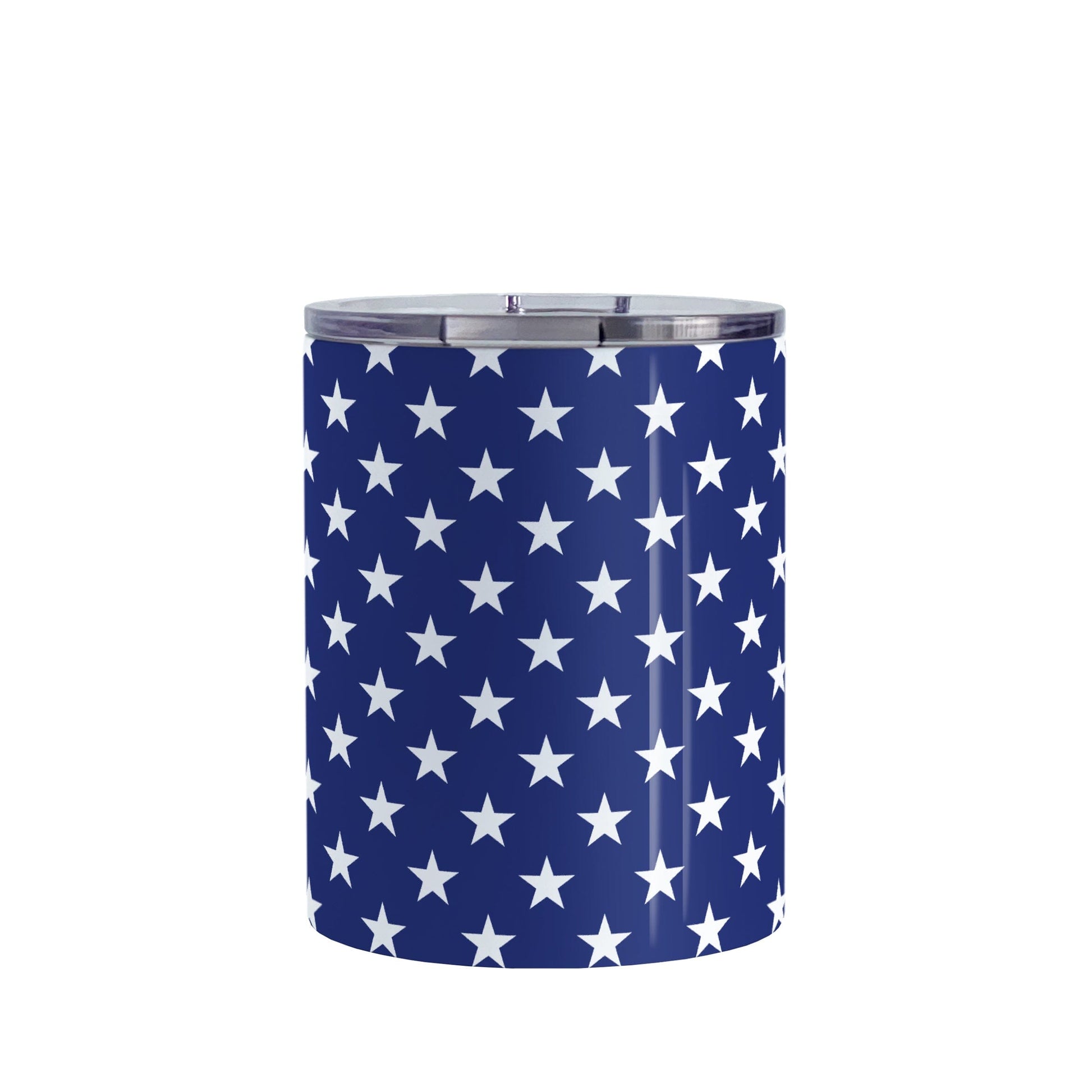 Patriotic White Stars on Blue Tumbler Cup (10oz) at Amy's Coffee Mugs. A stainless steel tumbler cup with white stars in a pattern over a blue background that wraps around the cup. It's been design for 4th of July (Independence Day) celebrations and everyday use.