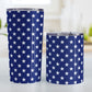 Patriotic White Stars on Blue Tumbler Cup (20oz or 10oz) at Amy's Coffee Mugs. A stainless steel tumbler cup with white stars in a pattern over a blue background that wraps around the cup. It's been design for 4th of July (Independence Day) celebrations and everyday use. Photo shows both sized cups on a table next to each other.