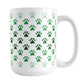 Paw Prints in Green Mug (15oz) at Amy's Coffee Mugs. A ceramic coffee mug designed with paw prints in different shades of green, with the darker green color across the middle and the lighter green along the top and bottom, in a pattern that wraps around the mug to the handle.