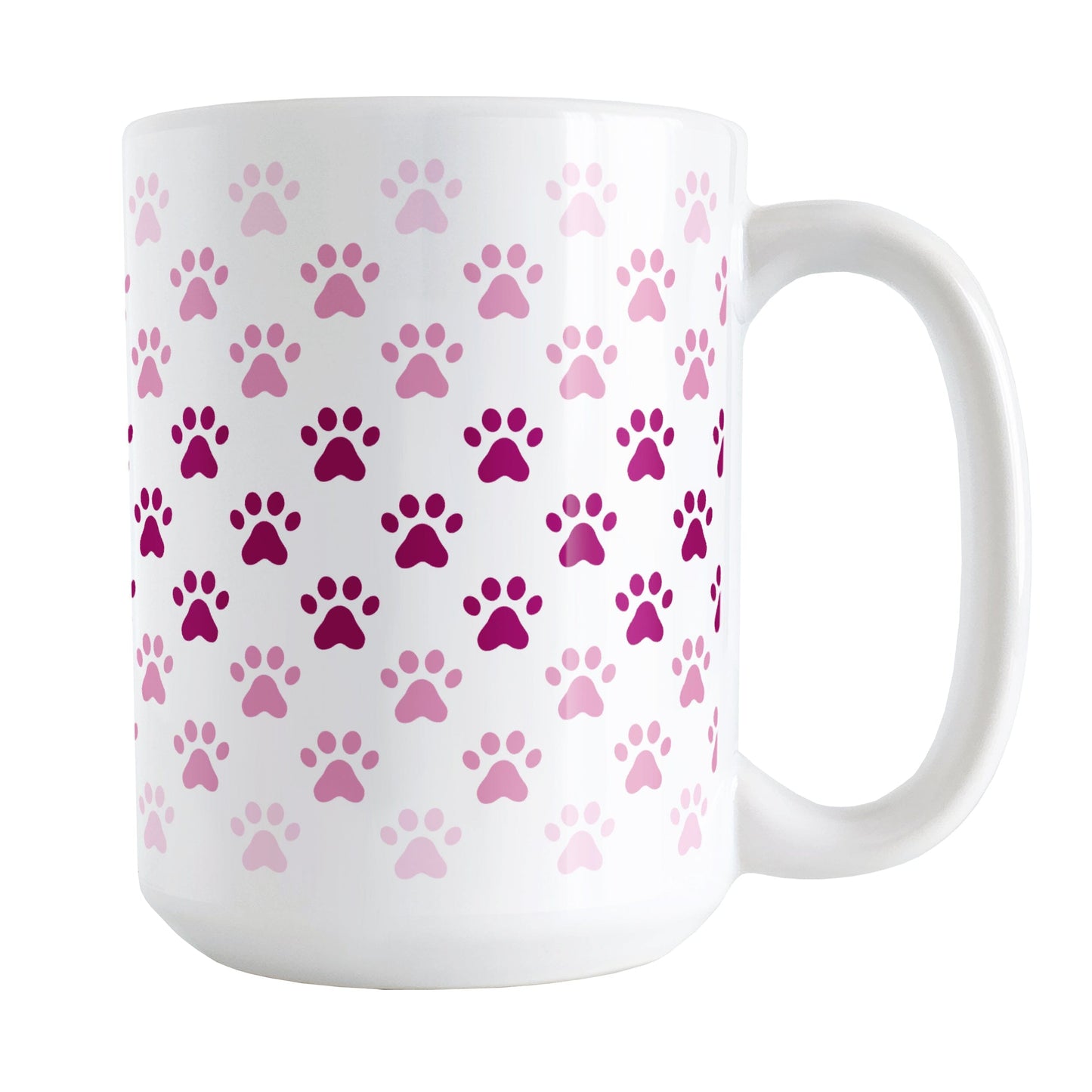 Paw Prints in Pink Mug (15oz) at Amy's Coffee Mugs. A ceramic coffee mug designed with paw prints in different shades of pink, with the darker pink color across the middle and the lighter pink along the top and bottom, in a pattern that wraps around the mug to the handle.