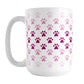 Paw Prints in Pink Mug (15oz) at Amy's Coffee Mugs. A ceramic coffee mug designed with paw prints in different shades of pink, with the darker pink color across the middle and the lighter pink along the top and bottom, in a pattern that wraps around the mug to the handle.