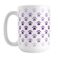 Paw Prints in Purple Mug (15oz) at Amy's Coffee Mugs. A ceramic coffee mug designed with paw prints in different shades of purple, with the darker purple color across the middle and the lighter purple along the top and bottom, in a pattern that wraps around the mug to the handle.