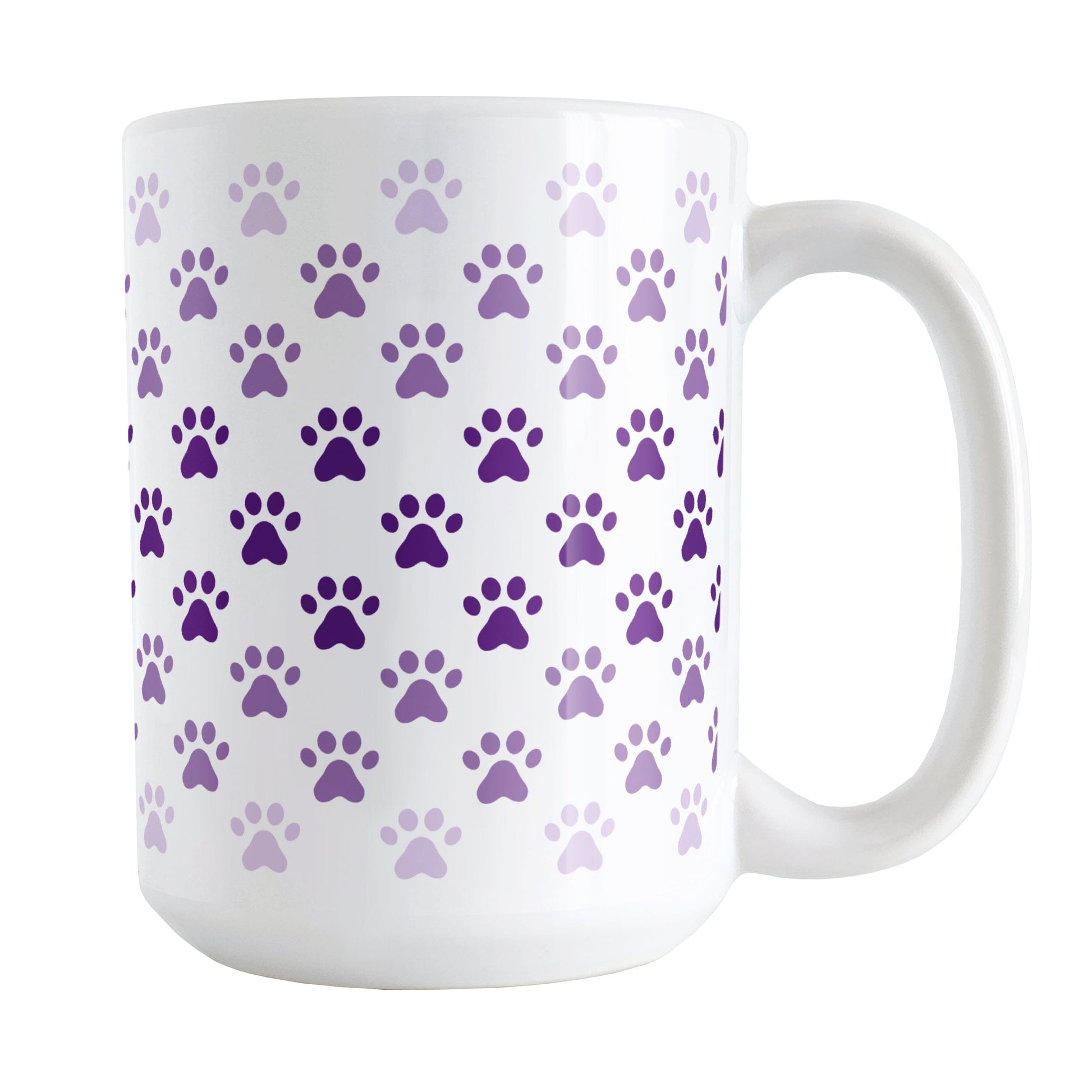 Paw Prints in Purple Mug (15oz) at Amy's Coffee Mugs. A ceramic coffee mug designed with paw prints in different shades of purple, with the darker purple color across the middle and the lighter purple along the top and bottom, in a pattern that wraps around the mug to the handle.