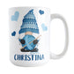 Personalized Blue Crochet Gnome Mug (15oz) at Amy's Coffee Mugs. A ceramic coffee mug designed with a cute gnome wearing a blue crochet hat while holding a ball of blue yarn and a crochet hook with blue hearts around him. Your name is printed in a fun blue font below the gnome. This adorable illustration and personalization is on both sides of the mug. 