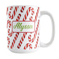 Personalized Candy Cane Pattern Mug (15oz, Green Name) at Amy's Coffee Mugs. A ceramic coffee mug designed with your personalized name in green on both sides of the mug over a pattern of diagonal candy canes that wraps around the mug up to the handle.