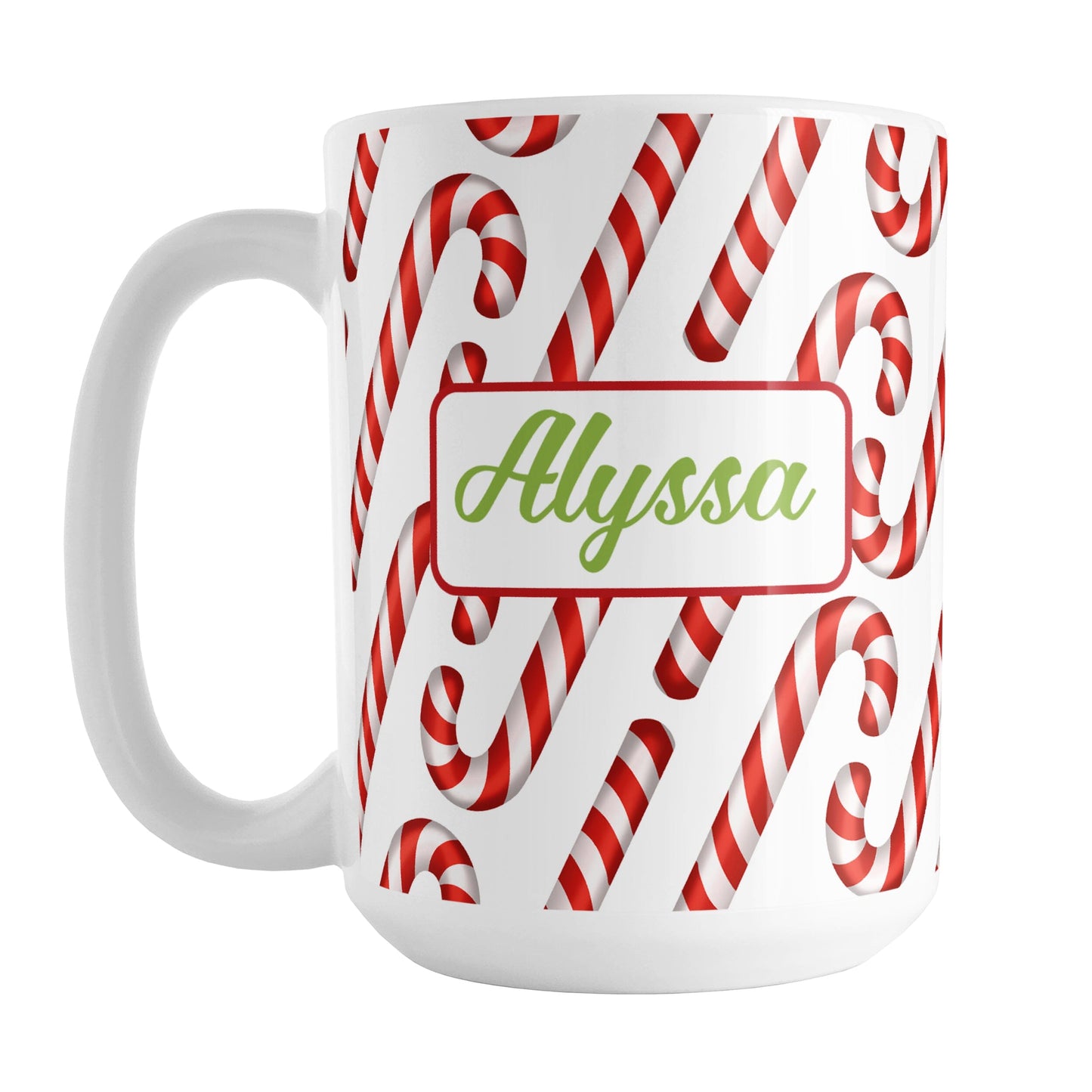 Personalized Candy Cane Pattern Mug (15oz, Green Name) at Amy's Coffee Mugs. A ceramic coffee mug designed with your personalized name in green on both sides of the mug over a pattern of diagonal candy canes that wraps around the mug up to the handle.