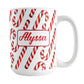 Personalized Candy Cane Pattern Mug (15oz, Red Name) at Amy's Coffee Mugs. A ceramic coffee mug designed with your personalized name in red on both sides of the mug over a pattern of diagonal candy canes that wraps around the mug up to the handle.