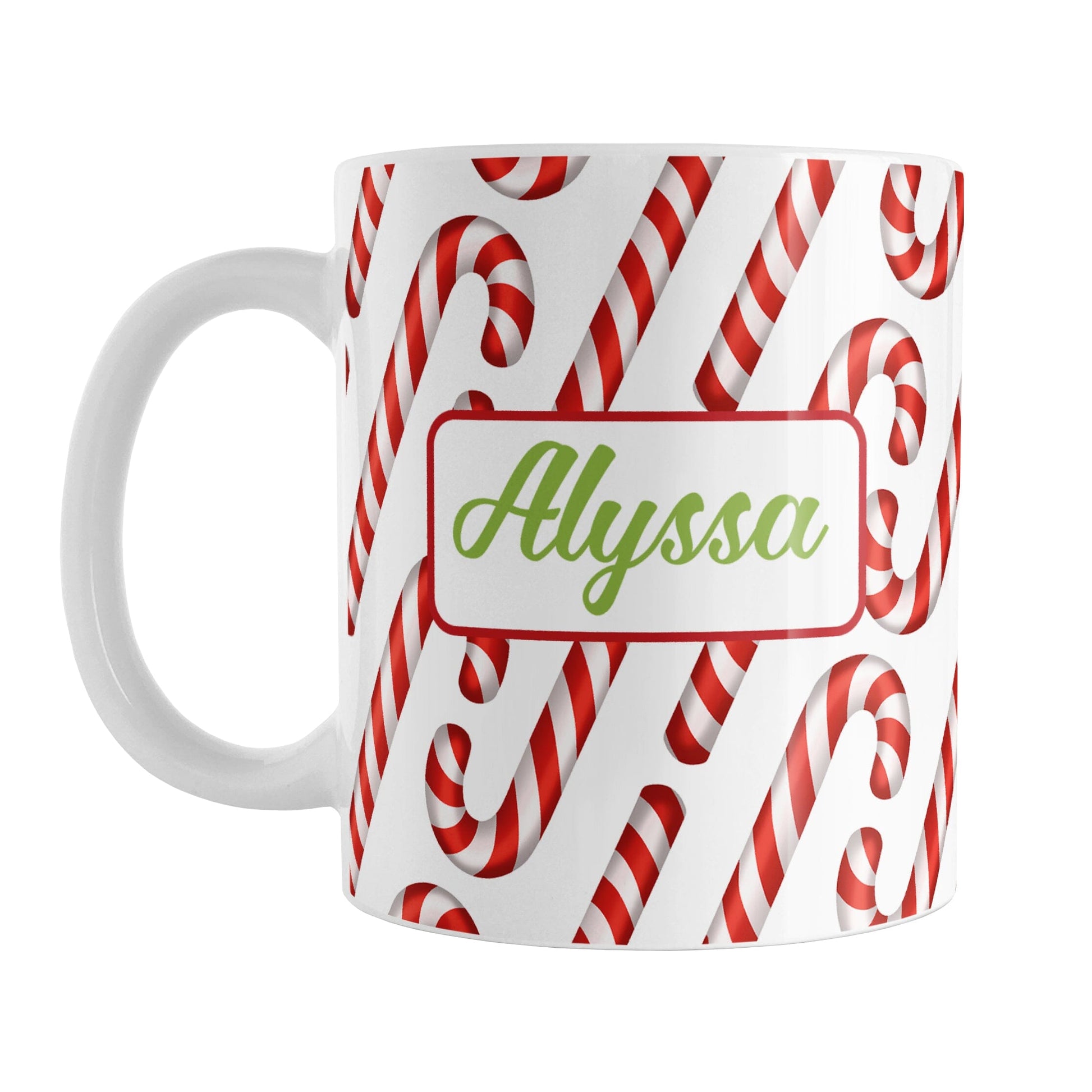 Personalized Candy Cane Pattern Mug (11oz, Green Name) at Amy's Coffee Mugs. A ceramic coffee mug designed with your personalized name in green on both sides of the mug over a pattern of diagonal candy canes that wraps around the mug up to the handle.