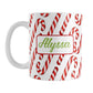 Personalized Candy Cane Pattern Mug (11oz, Green Name) at Amy's Coffee Mugs. A ceramic coffee mug designed with your personalized name in green on both sides of the mug over a pattern of diagonal candy canes that wraps around the mug up to the handle.