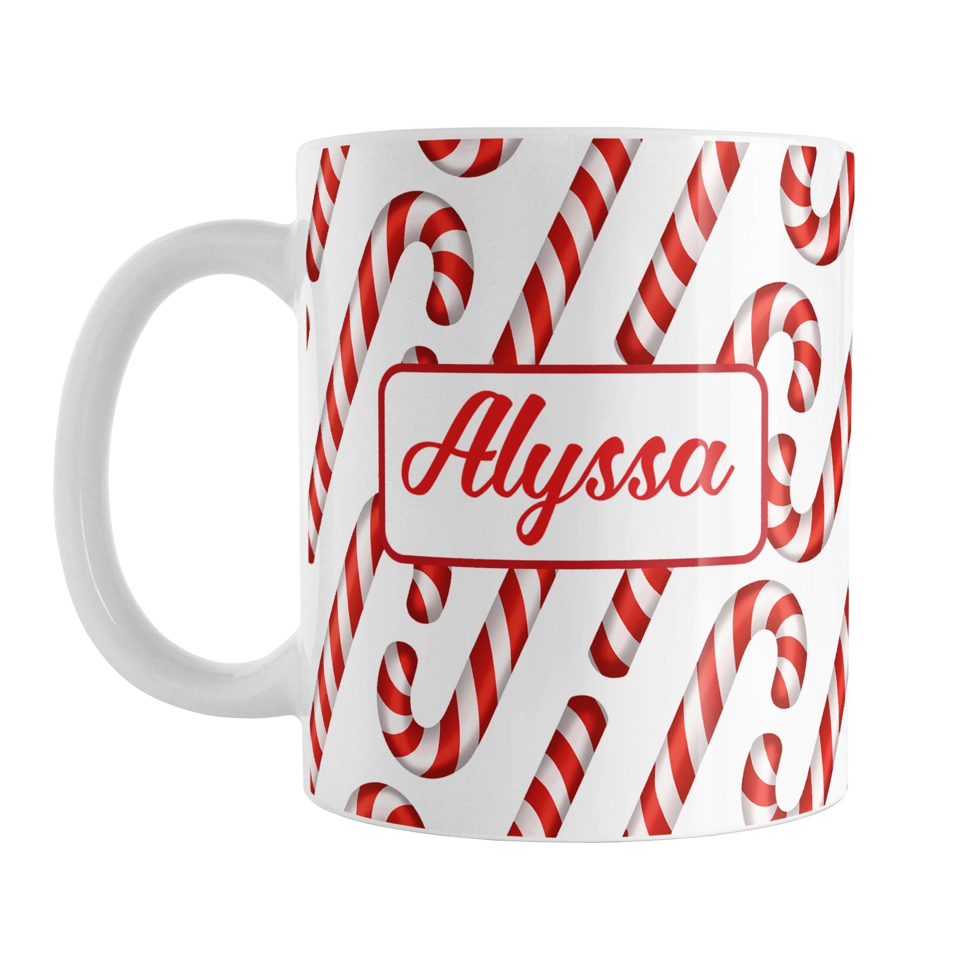 Personalized Candy Cane Pattern Mug (11oz, Red Name) at Amy's Coffee Mugs. A ceramic coffee mug designed with your personalized name in red on both sides of the mug over a pattern of diagonal candy canes that wraps around the mug up to the handle.