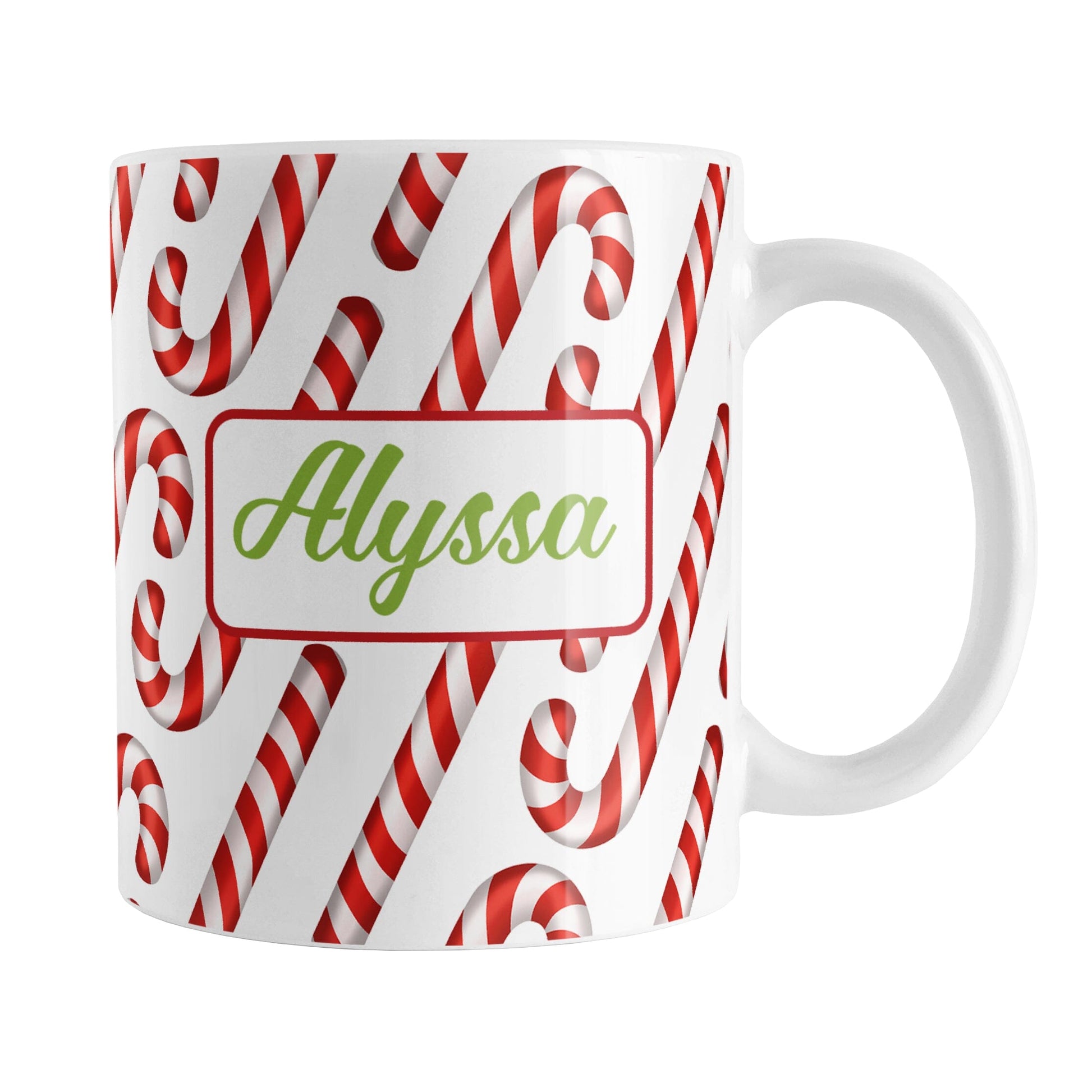 Personalized Candy Cane Pattern Mug (11oz, Green Name) at Amy's Coffee Mugs. A ceramic coffee mug designed with your personalized name in green on both sides of the mug over a pattern of diagonal candy canes that wraps around the mug up to the handle.