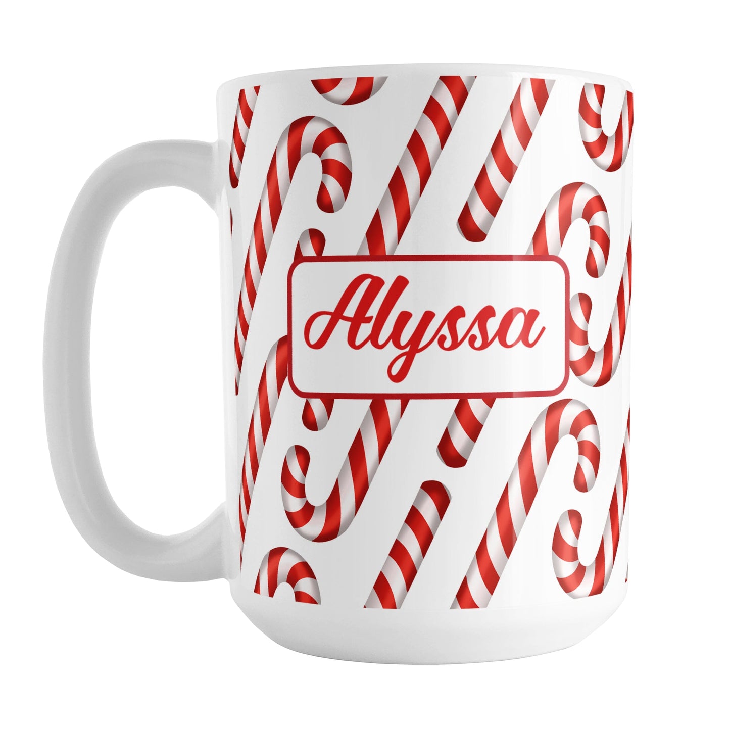 Personalized Candy Cane Pattern Mug (15oz, Red Name) at Amy's Coffee Mugs. A ceramic coffee mug designed with your personalized name in red on both sides of the mug over a pattern of diagonal candy canes that wraps around the mug up to the handle.