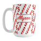 Personalized Candy Cane Pattern Mug (15oz, Red Name) at Amy's Coffee Mugs. A ceramic coffee mug designed with your personalized name in red on both sides of the mug over a pattern of diagonal candy canes that wraps around the mug up to the handle.