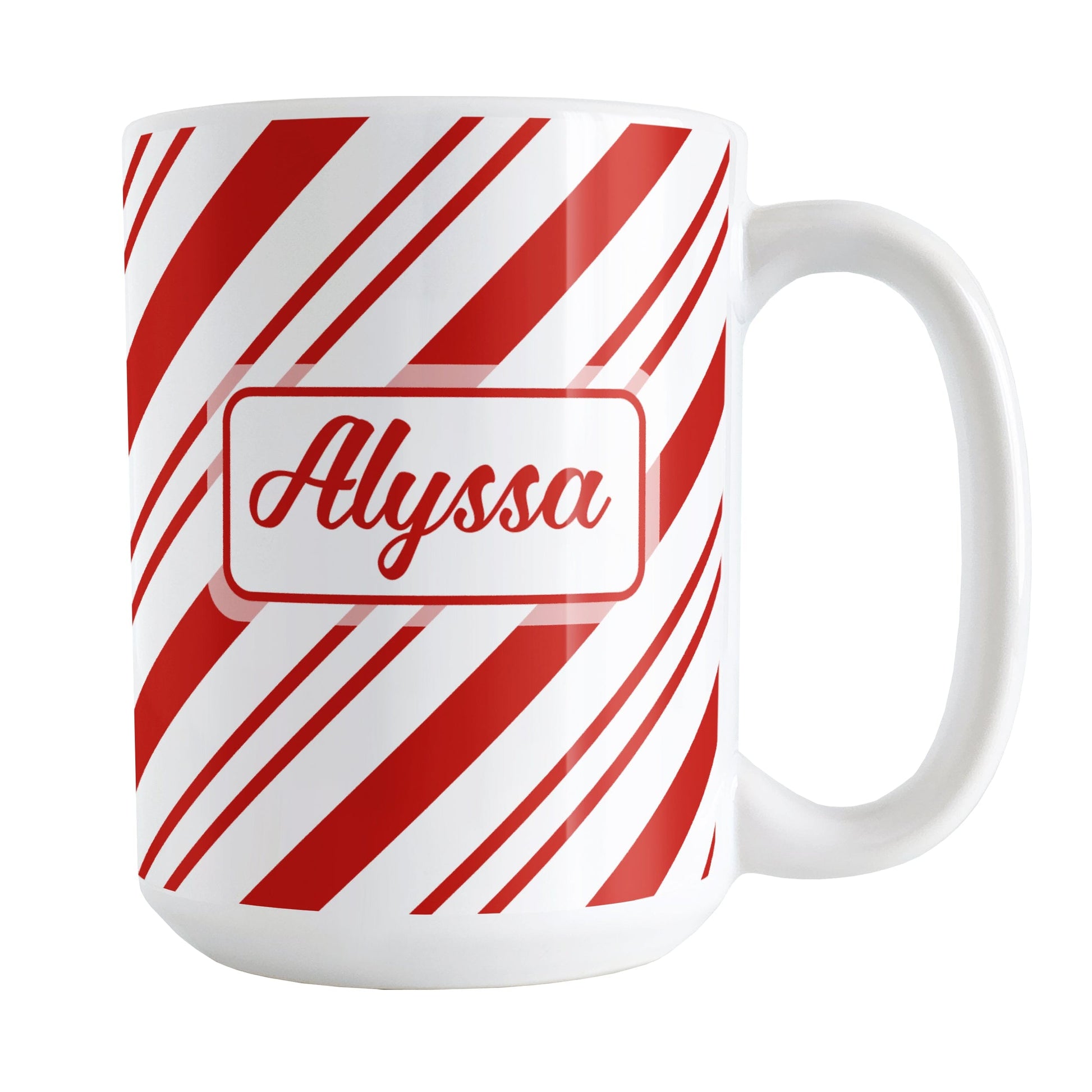 Personalized Candy Cane Stripe Mug (15oz) at Amy's Coffee Mugs. A ceramic coffee mug with your name personalized on both sides of the mug over a candy cane stripe pattern that wraps around the mug up to the handle.