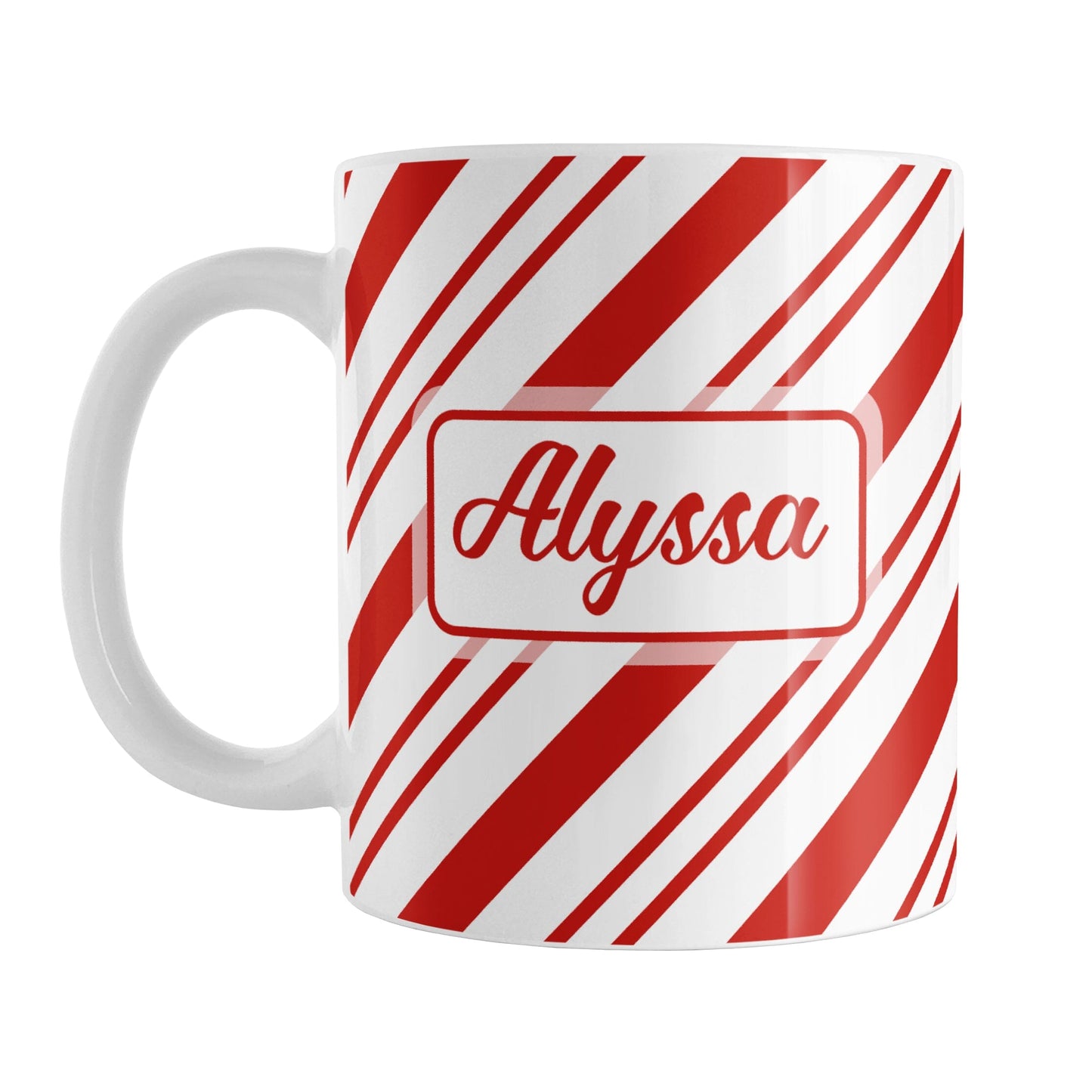 Personalized Candy Cane Stripe Mug (11oz) at Amy's Coffee Mugs. A ceramic coffee mug with your name personalized on both sides of the mug over a candy cane stripe pattern that wraps around the mug up to the handle.