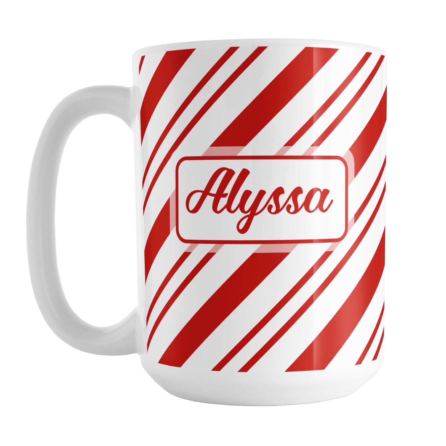 Personalized Candy Cane Stripe Mug (15oz) at Amy's Coffee Mugs. A ceramic coffee mug with your name personalized on both sides of the mug over a candy cane stripe pattern that wraps around the mug up to the handle.