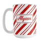 Personalized Candy Cane Stripe Mug (15oz) at Amy's Coffee Mugs. A ceramic coffee mug with your name personalized on both sides of the mug over a candy cane stripe pattern that wraps around the mug up to the handle.