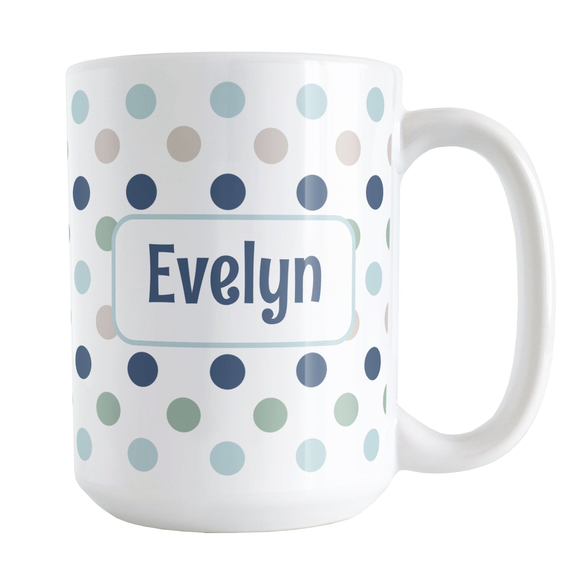 Personalized Coastal Polka Dots Mug (15oz) at Amy's Coffee Mugs. A ceramic coffee mug designed with a pattern of polka dots in a coastal color scheme that wraps around the mug to the handle. Your personalized name is custom printed in a navy blue font in a white rectangle over the polka dots pattern on both sides of the mug.