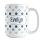 Personalized Coastal Polka Dots Mug (15oz) at Amy's Coffee Mugs. A ceramic coffee mug designed with a pattern of polka dots in a coastal color scheme that wraps around the mug to the handle. Your personalized name is custom printed in a navy blue font in a white rectangle over the polka dots pattern on both sides of the mug.