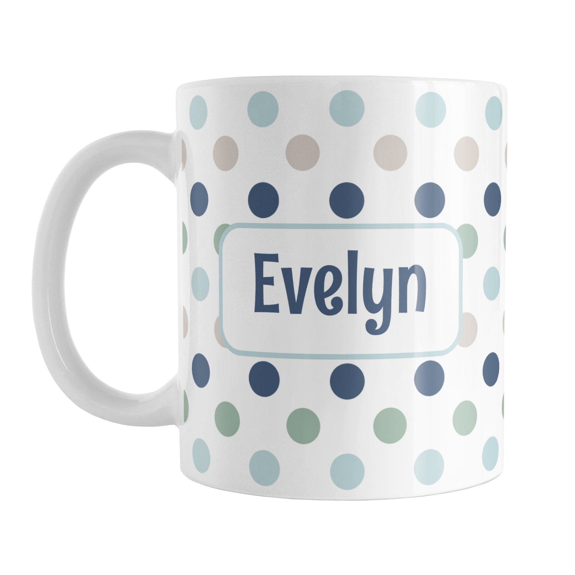 Personalized Coastal Polka Dots Mug (11oz) at Amy's Coffee Mugs. A ceramic coffee mug designed with a pattern of polka dots in a coastal color scheme that wraps around the mug to the handle. Your personalized name is custom printed in a navy blue font in a white rectangle over the polka dots pattern on both sides of the mug.