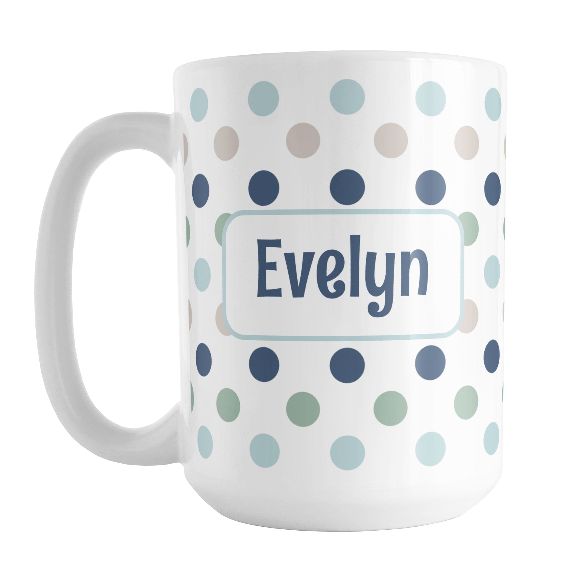 Personalized Coastal Polka Dots Mug (15oz) at Amy's Coffee Mugs. A ceramic coffee mug designed with a pattern of polka dots in a coastal color scheme that wraps around the mug to the handle. Your personalized name is custom printed in a navy blue font in a white rectangle over the polka dots pattern on both sides of the mug.