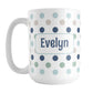 Personalized Coastal Polka Dots Mug (15oz) at Amy's Coffee Mugs. A ceramic coffee mug designed with a pattern of polka dots in a coastal color scheme that wraps around the mug to the handle. Your personalized name is custom printed in a navy blue font in a white rectangle over the polka dots pattern on both sides of the mug.