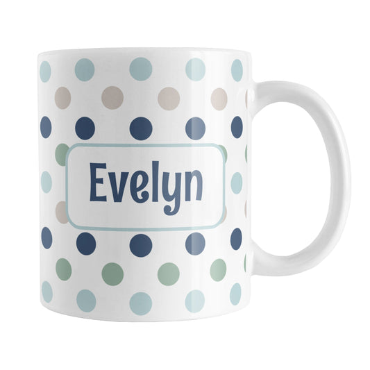 Personalized Coastal Polka Dots Mug (11oz) at Amy's Coffee Mugs. A ceramic coffee mug designed with a pattern of polka dots in a coastal color scheme that wraps around the mug to the handle. Your personalized name is custom printed in a navy blue font in a white rectangle over the polka dots pattern on both sides of the mug.