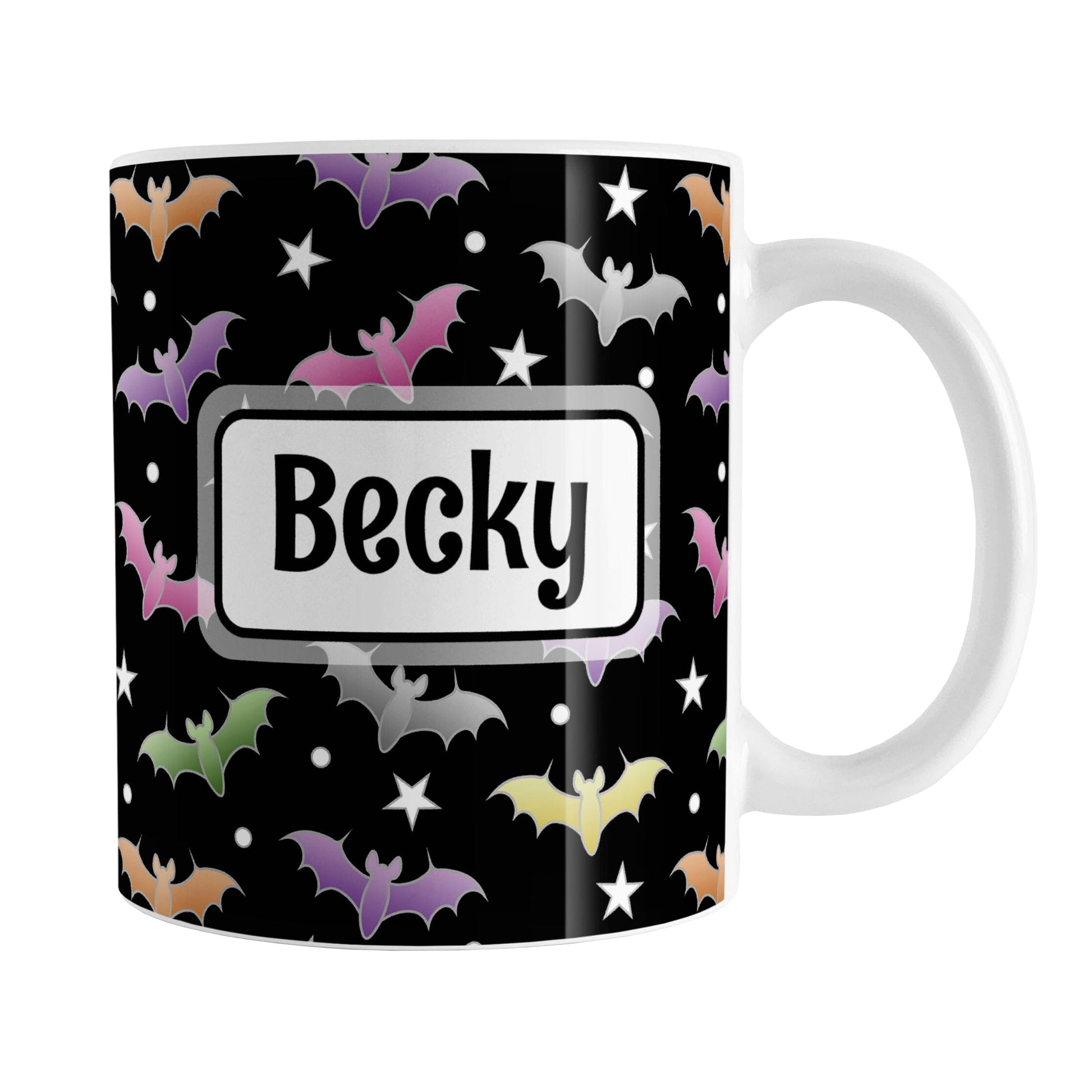 Personalized Colorful Bats Mug (11oz) at Amy's Coffee Mugs. A ceramic coffee mug designed with different colored bats and white stars in an assorted pattern over a black background color that wraps around the mug up to the handle. Your personalized name is custom-printed in black within a white rectangular frame design on both sides of the mug over the colorful bats background.