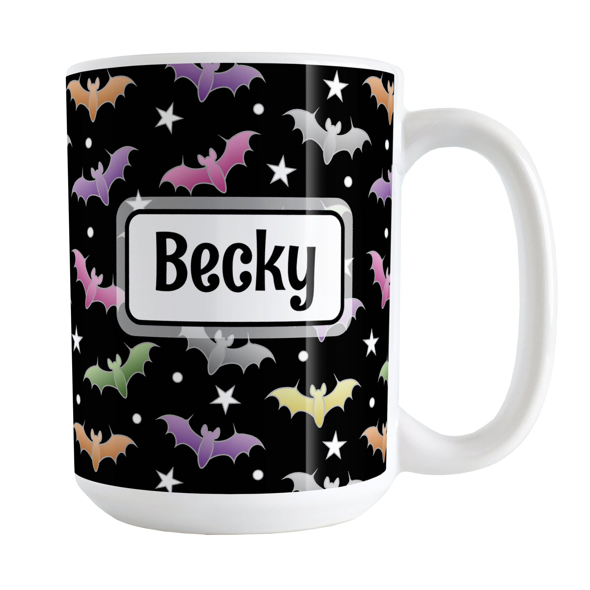 Personalized Colorful Bats Mug (15oz) at Amy's Coffee Mugs. A ceramic coffee mug designed with different colored bats and white stars in an assorted pattern over a black background color that wraps around the mug up to the handle. Your personalized name is custom-printed in black within a white rectangular frame design on both sides of the mug over the colorful bats background.