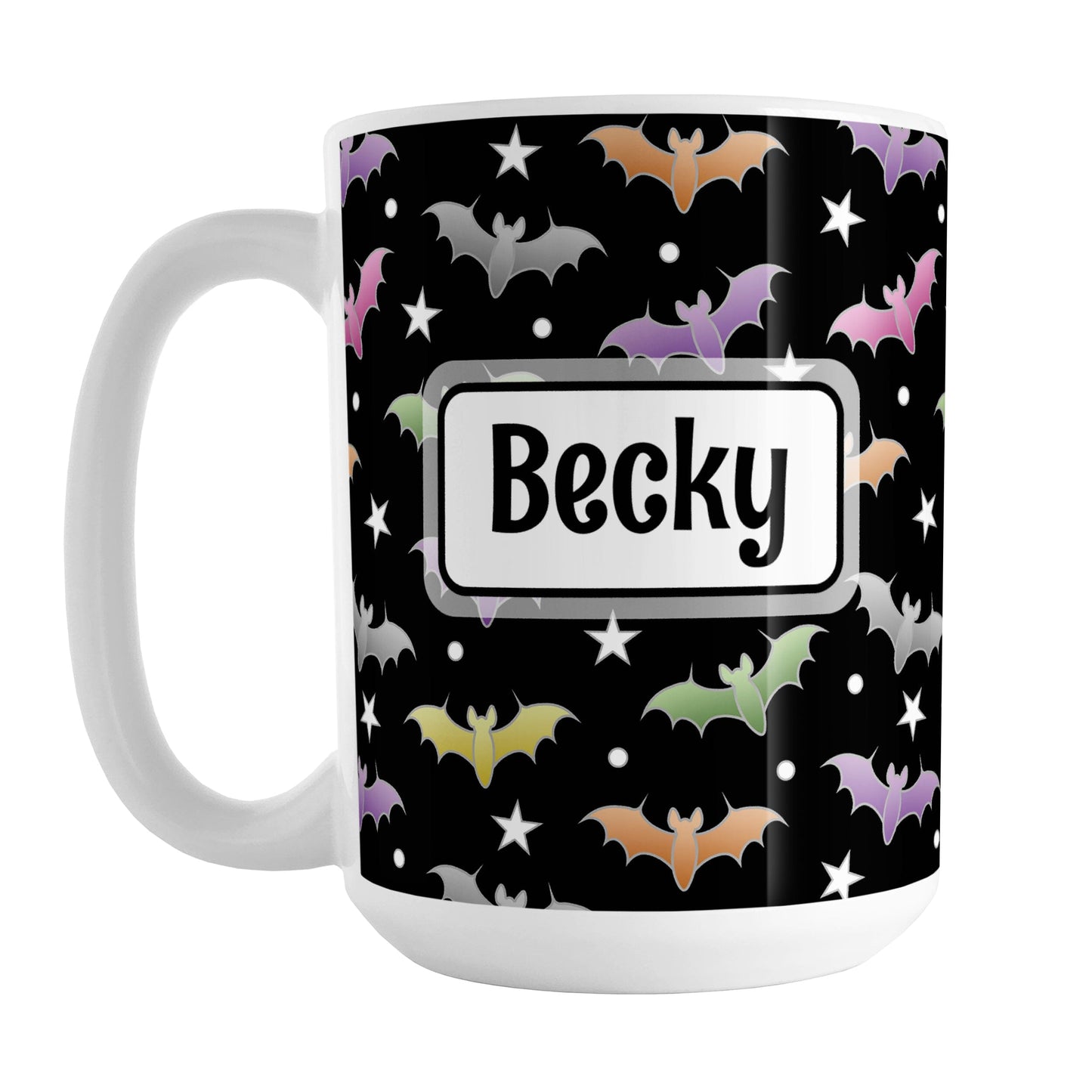 Personalized Colorful Bats Mug (15oz) at Amy's Coffee Mugs. A ceramic coffee mug designed with different colored bats and white stars in an assorted pattern over a black background color that wraps around the mug up to the handle. Your personalized name is custom-printed in black within a white rectangular frame design on both sides of the mug over the colorful bats background.