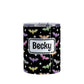 Personalized Colorful Bats Tumbler Cup (10oz) at Amy's Coffee Mugs. A tumbler cup designed with different colored bats and white stars in an assorted pattern over a black background color that wraps around the cup. Your personalized name is custom-printed in black within a white rectangular frame design over the colorful bats background.