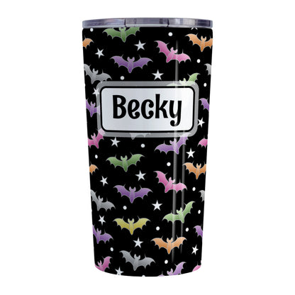 Personalized Colorful Bats Tumbler Cup (20oz) at Amy's Coffee Mugs. A tumbler cup designed with different colored bats and white stars in an assorted pattern over a black background color that wraps around the cup. Your personalized name is custom-printed in black within a white rectangular frame design over the colorful bats background.