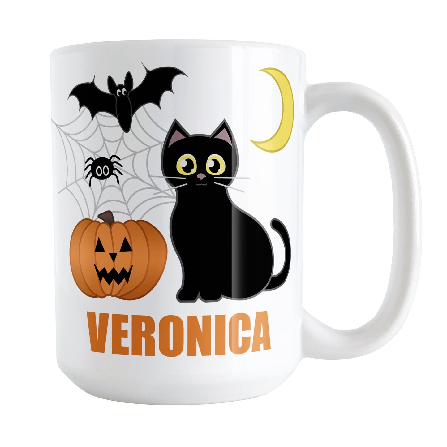 Personalized Cute Black Cat Halloween Mug (15oz) at Amy's Coffee Mugs. A ceramic coffee mug designed with a cute black cat with an orange jack o'lantern beside it, along with a crescent moon, a bat, a spider, and spider webs. Your name is custom-printed in orange below the black cat and carved pumpkin. This cute Halloween design and personalization are on both sides of the mug.