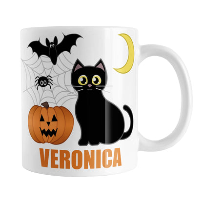 Personalized Cute Black Cat Halloween Mug (11oz) at Amy's Coffee Mugs. A ceramic coffee mug designed with a cute black cat with an orange jack o'lantern beside it, along with a crescent moon, a bat, a spider, and spider webs. Your name is custom-printed in orange below the black cat and carved pumpkin. This cute Halloween design and personalization are on both sides of the mug.