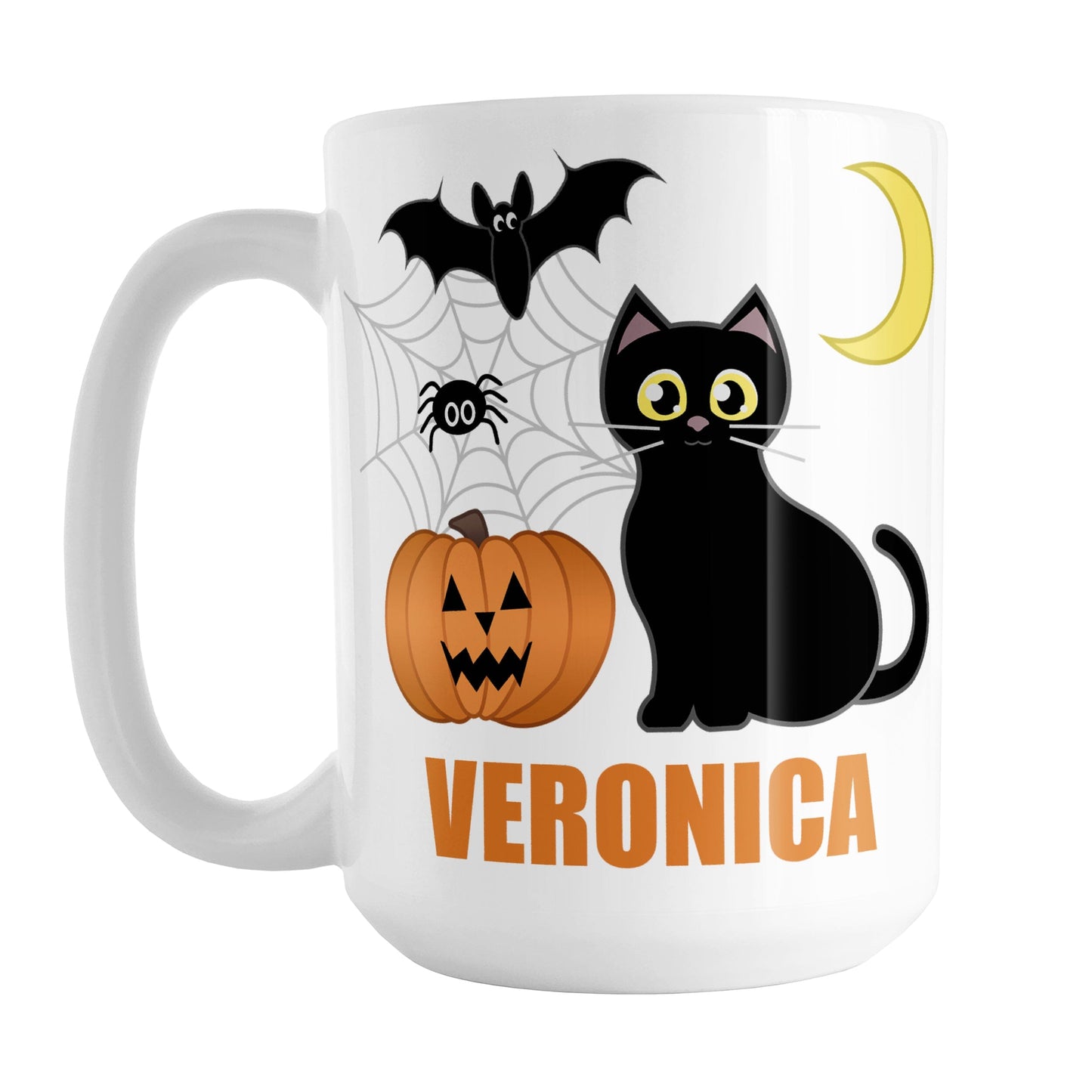 Personalized Cute Black Cat Halloween Mug (15oz) at Amy's Coffee Mugs. A ceramic coffee mug designed with a cute black cat with an orange jack o'lantern beside it, along with a crescent moon, a bat, a spider, and spider webs. Your name is custom-printed in orange below the black cat and carved pumpkin. This cute Halloween design and personalization are on both sides of the mug.