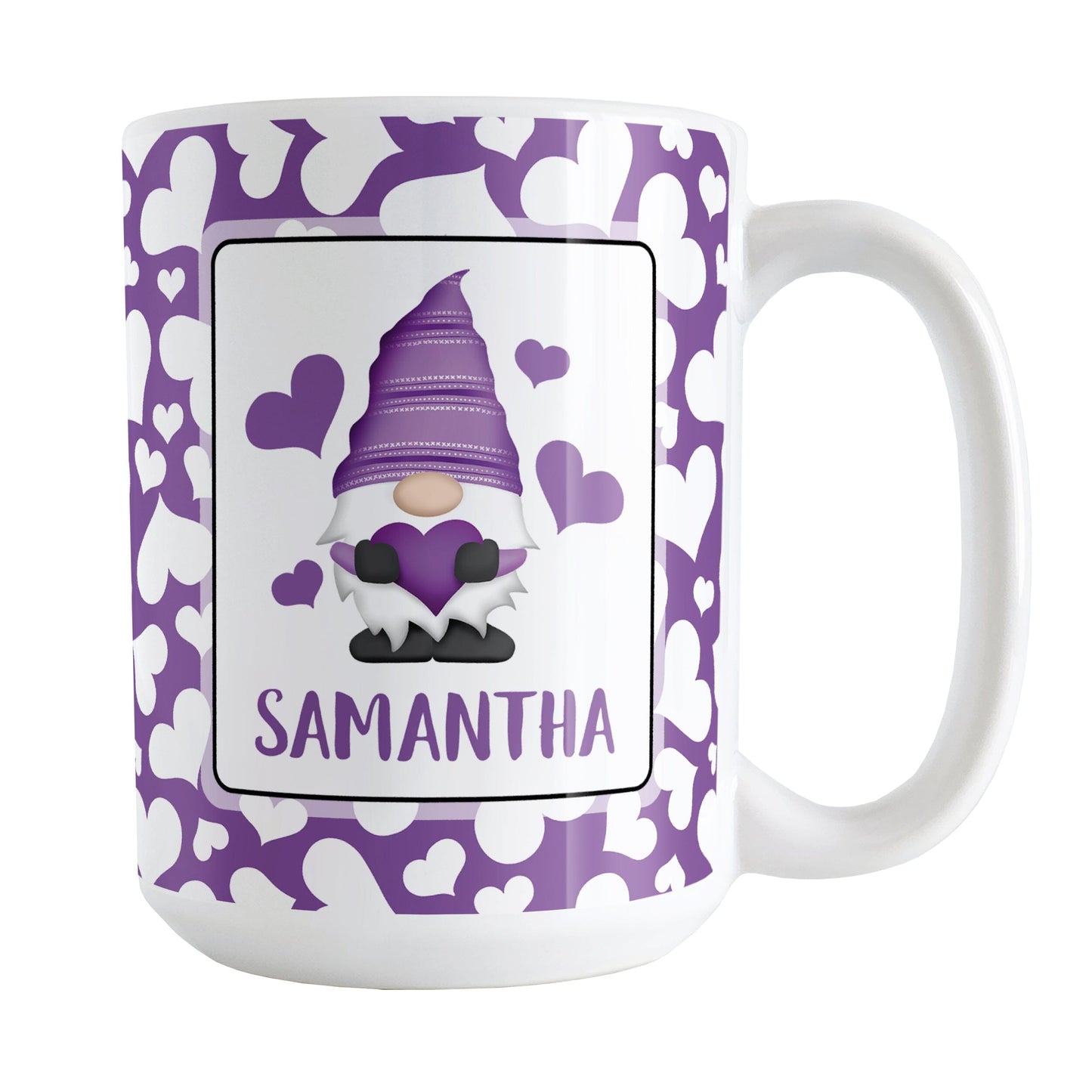 Personalized Cute White Hearts Purple Gnome Mug (15oz) at Amy's Coffee Mugs. A ceramic coffee mug designed with an adorable purple gnome holding a purple heart in a white rectangle on both sides of the mug over a pattern of cute white hearts over a purple background that wraps around the mug to the handle. Your personalized name is custom printed in an all-capital letters purple font below the heart-holding gnome.