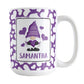 Personalized Cute White Hearts Purple Gnome Mug (15oz) at Amy's Coffee Mugs. A ceramic coffee mug designed with an adorable purple gnome holding a purple heart in a white rectangle on both sides of the mug over a pattern of cute white hearts over a purple background that wraps around the mug to the handle. Your personalized name is custom printed in an all-capital letters purple font below the heart-holding gnome.