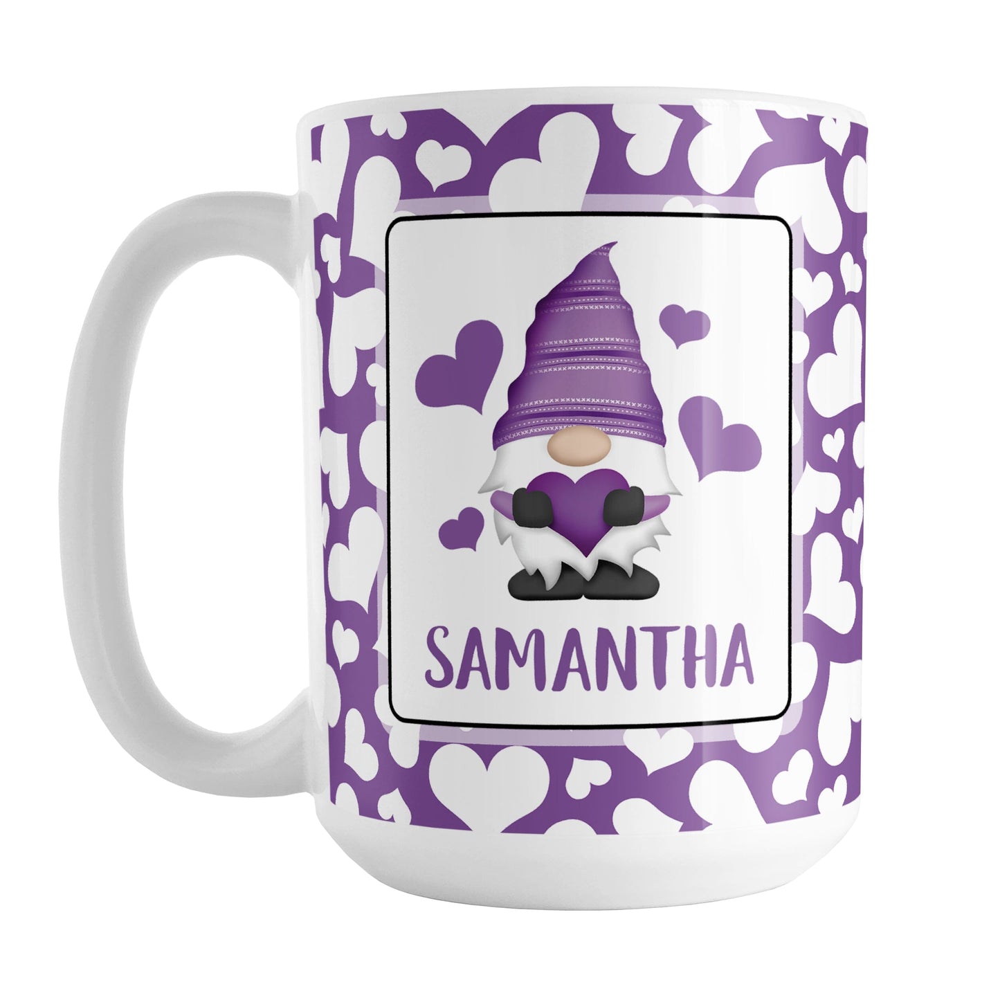 Personalized Cute White Hearts Purple Gnome Mug (15oz) at Amy's Coffee Mugs. A ceramic coffee mug designed with an adorable purple gnome holding a purple heart in a white rectangle on both sides of the mug over a pattern of cute white hearts over a purple background that wraps around the mug to the handle. Your personalized name is custom printed in an all-capital letters purple font below the heart-holding gnome.