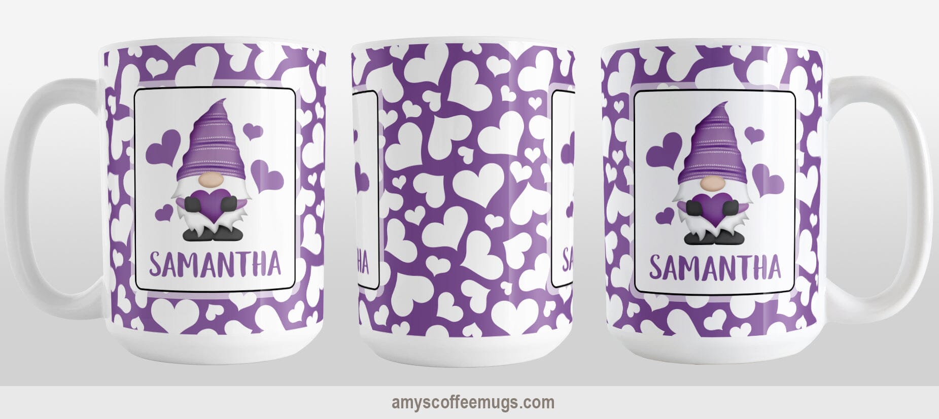 Personalized Cute White Hearts Purple Gnome Mug (15oz) at Amy's Coffee Mugs. A ceramic coffee mug designed with an adorable purple gnome holding a purple heart in a white rectangle on both sides of the mug over a pattern of cute white hearts over a purple background that wraps around the mug to the handle. Your personalized name is custom printed in an all-capital letters purple font below the heart-holding gnome. Image shows three views of the mug to show the entire design.