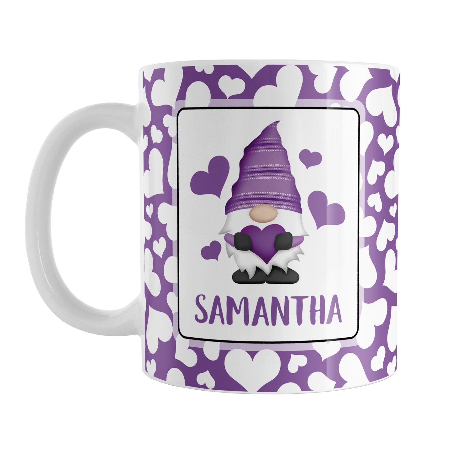 Personalized Cute White Hearts Purple Gnome Mug (11oz) at Amy's Coffee Mugs. A ceramic coffee mug designed with an adorable purple gnome holding a purple heart in a white rectangle on both sides of the mug over a pattern of cute white hearts over a purple background that wraps around the mug to the handle. Your personalized name is custom printed in an all-capital letters purple font below the heart-holding gnome.